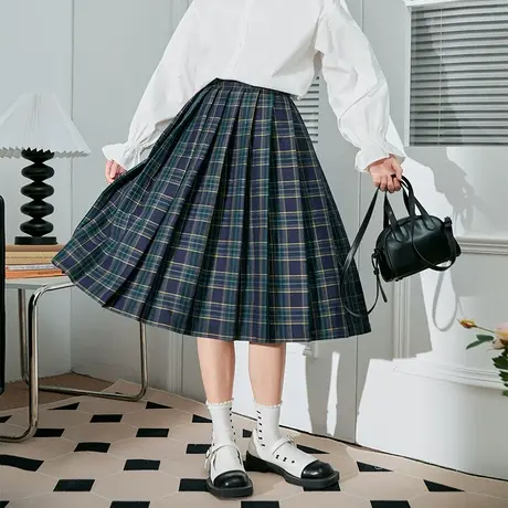 唐狮百搭格子裙高腰a字半身裙中长款学院风半身裙女夏季新款图片