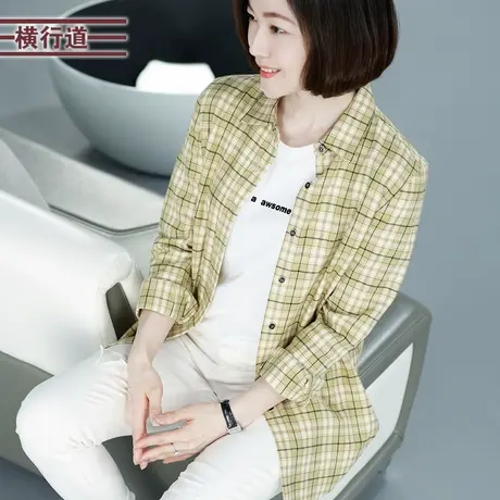 横行道2023冬装方格子全棉衬衫休闲宽松大码女装纯棉衬衣外套上衣商品大图