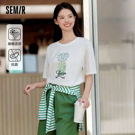 森马短袖T恤女圆领宽松菠萝图案刺绣印花上衣夏季凉感抗菌衣服潮图片