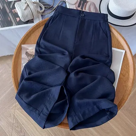 拉夏贝尔藏青色冰丝阔腿裤女夏薄款2025新款垂坠感宽松九分防晒裤商品大图