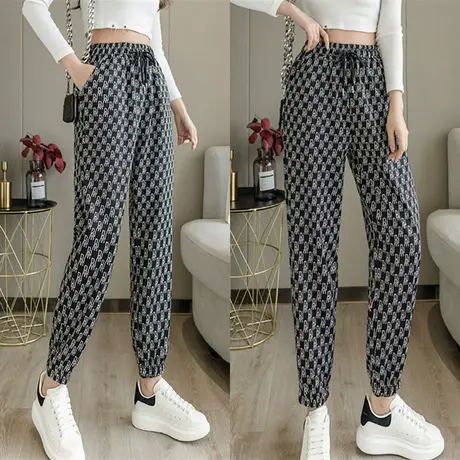 夏季冰丝薄款高腰a字哈伦裤子九分直筒运动休闲大码宽松阔腿裤女图片