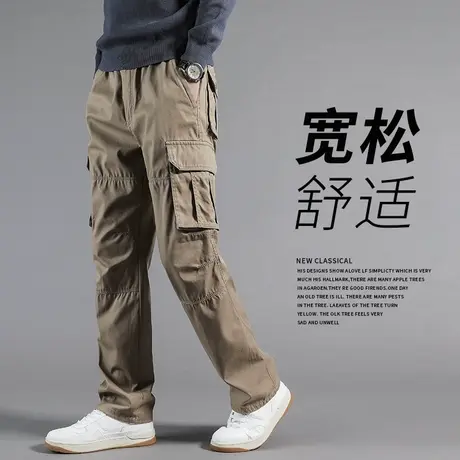 多口袋工装裤男秋季2023新款中年大码纯棉耐磨长裤男士宽松直筒裤商品大图