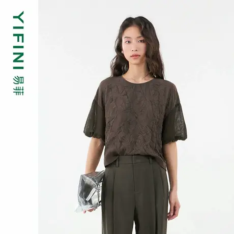 [专柜同款]Yifini/易菲三醋酸立体褶皱感宽松拼接短款套头衫小衫图片