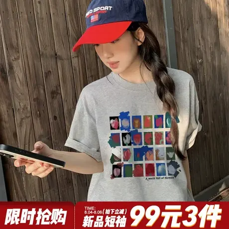 设计感潮牌灰色短袖t恤女美式学院风宽松显瘦重磅小个子半袖上衣商品大图
