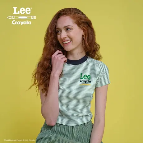Lee× Crayola联名商场同款25秋冬新舒适版白绿色条纹女短袖T恤图片