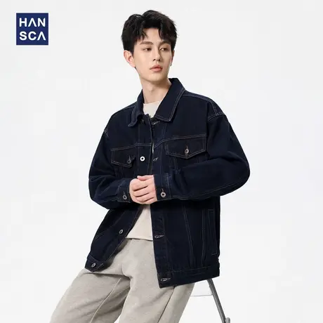hansca秋季明辑线宽松牛仔外套男美式复古工装风原色水洗翻领夹克图片