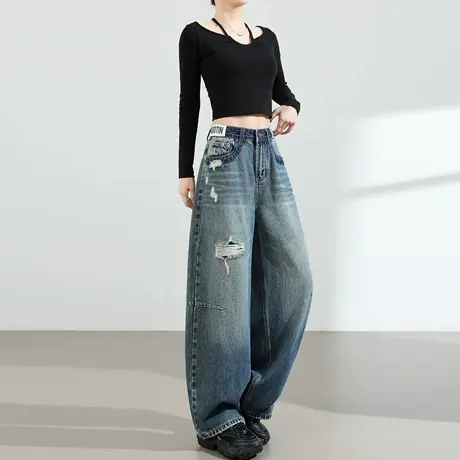 复古水洗破洞牛仔裤女2025新款春秋季高腰宽松显瘦直筒阔腿拖地裤商品大图