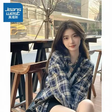 LB真维斯格子衬衫女春秋款2025新款格纹开衫宽松上衣女士秋季外套商品大图
