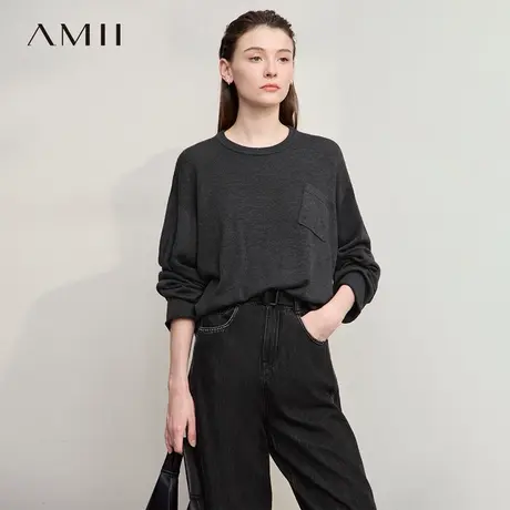 Amii2025秋新款休闲随性斜口袋圆领落肩袖宽松毛衣女慵懒感上衣商品大图