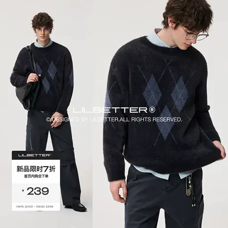 Lilbetter仿貂毛学院风提花套头毛衣2025秋宽松撞色菱形格针织衫商品大图