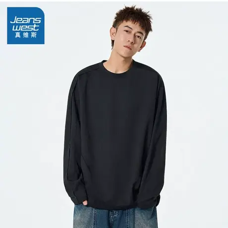LE真维斯男装2025秋季新款 时尚潮流拼接休闲圆领套头长袖T恤男商品大图