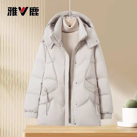 雅鹿官方冬季新款女士时尚中长款正品防寒保暖加厚黑色连帽羽绒服图片