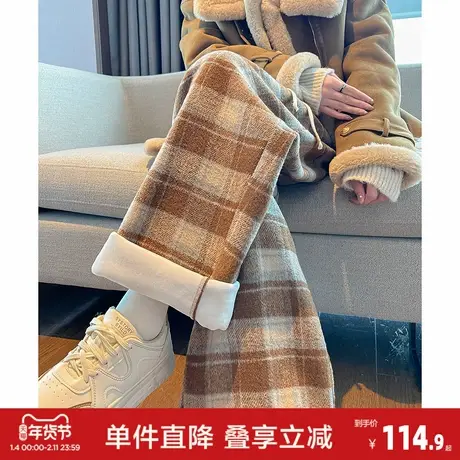 唐狮秋冬季新款女休闲裤流行百搭咖色格子加绒阔腿长裤WP图片