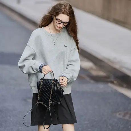 yoe秋季新款卫衣女灰色圆领袖子拼接衬衫设计感休闲上衣外套tuTA图片