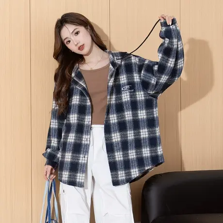 唐狮新款长袖衬衫女连帽格子百搭宽松休闲慵懒超好看TM商品大图