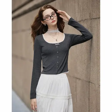 唐狮秋季U型领长袖T恤女拼接蕾丝花边设计感独特超好看早秋tuTA图片