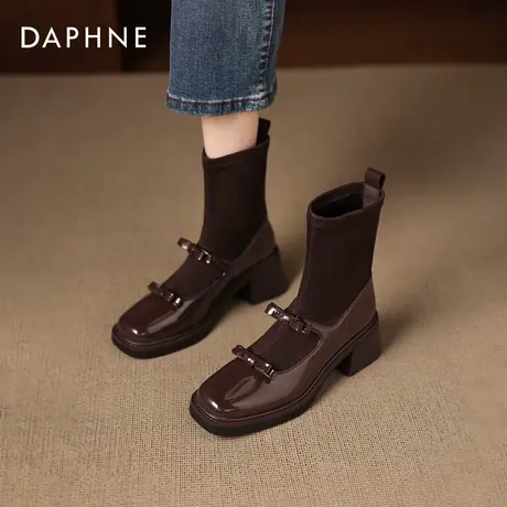 达芙妮棕色高跟短靴女2026新款秋冬季加绒瘦瘦靴子弹力袜靴马丁靴商品大图