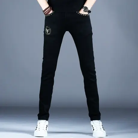 朋克纯黑色牛仔裤男款小脚修身裤子潮流男士美式高街男裤秋款烫钻商品大图