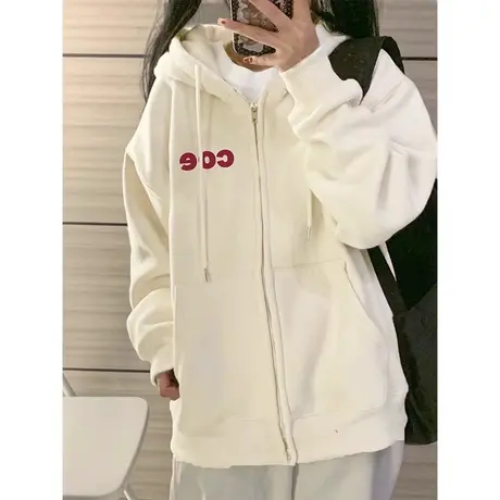 慵懒风拉链开衫卫衣女2023新款春秋冬季加绒加厚宽松连帽外套上衣商品大图