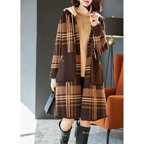 宝诗黎2023秋冬连帽格子宽松羊毛呢子大衣女新款韩系中长毛呢外套商品大图