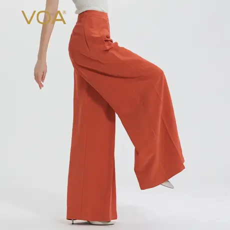 VOA45姆米重磅桑蚕丝棕橘色自然腰侧插口袋复古风真丝阔腿长裤图片