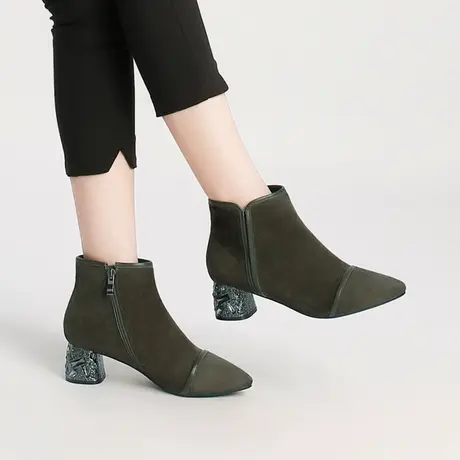 秋冬新款英伦风尖头短靴里外全皮舒适牛筋底松紧拉链气质女靴商品大图