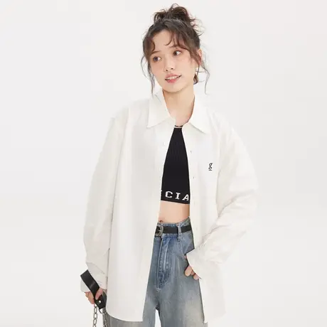 尔给2024早春新款宽松长袖中长款白色衬衫外套女慵懒风小个子衬衣商品大图