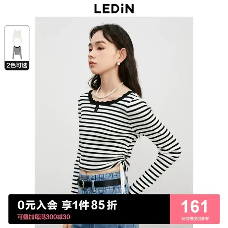 [预]乐町千金风花边领针织上衣女2023秋冬新款打底衫内搭条纹针织图片
