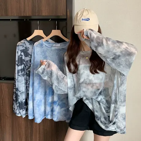 透明扎染网纱防晒上衣女夏季设计感小众别致薄款冰丝长袖T恤罩衫图片