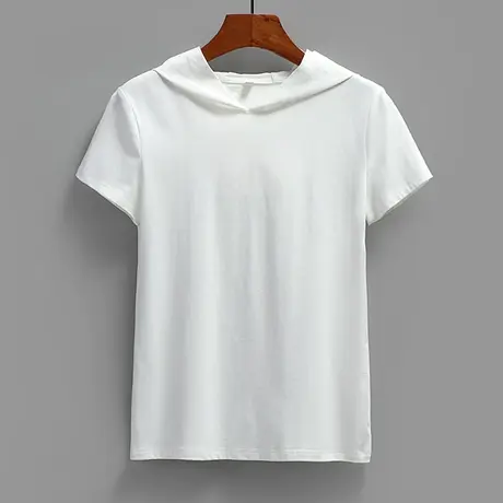 白色连帽短袖t恤女薄款大码带帽子休闲上衣夏季帽衫打底商品大图
