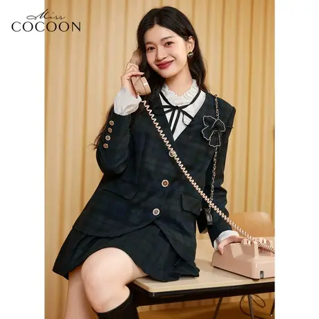 MISSCOCOON黑色羊毛西装外套女2023新款复古格子宽松西服短外套商品大图