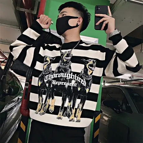 冬款毛衣男个性小狗提花撞色条纹针织衫ins潮牌宽松加厚打底线衣商品大图