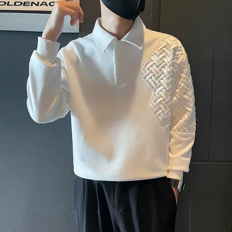 设计感小众ins长袖T恤男春秋季潮牌高级感拼接纯色宽松POLO衫卫衣商品大图