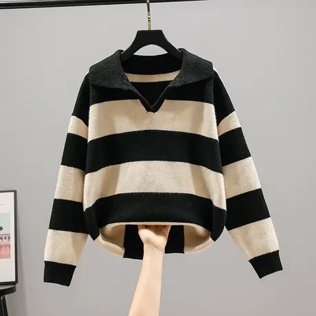 2023春装新款韩版宽松条纹长袖针织衫套头女士百搭毛衣打底衫上衣商品大图