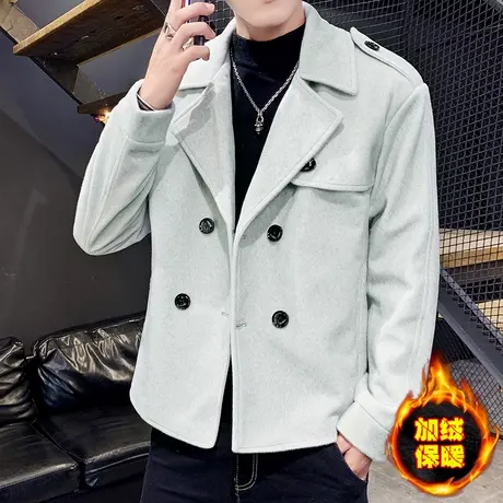 加绒加厚短款风衣外套冬季潮牌双排扣西装男水貂绒毛呢子夹克大衣商品大图