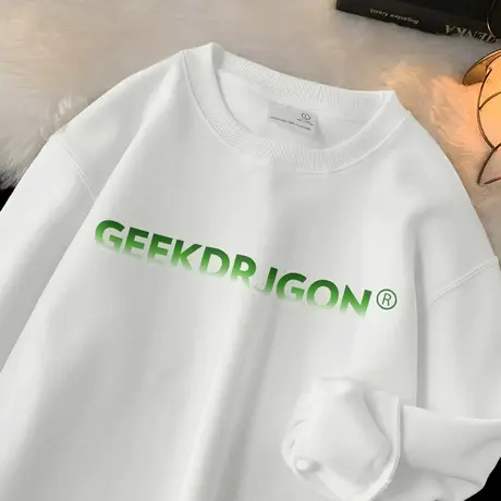 320g重磅白色卫衣男春秋款潮流百搭圆领长袖t恤加绒加厚无帽上衣商品大图