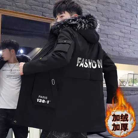 外套男秋冬季潮流帅气青少年初中学生棉衣冬装中长款棉服加绒加厚商品大图