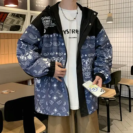 春秋季连帽夹克男ins国潮2024新款休闲开衫宽松印花外套痞帅衣服商品大图