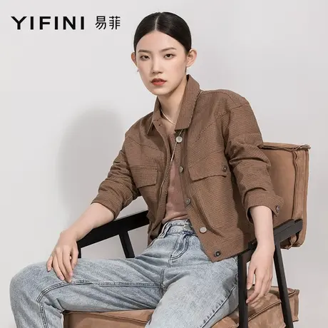 Yifini/易菲纯棉短款长袖宽松外套女春秋新款通勤休闲薄款上衣商品大图