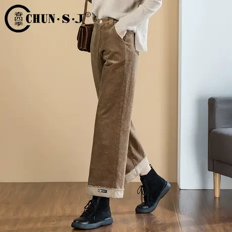 宽松灯芯绒阔腿裤女秋冬小个子棕色裤子2023新款条绒裤直筒九分裤商品大图