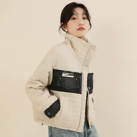 韩潮袭人时尚翻领拼接棉服女2023冬新款宽松休闲保暖棉衣棉袄外套商品大图