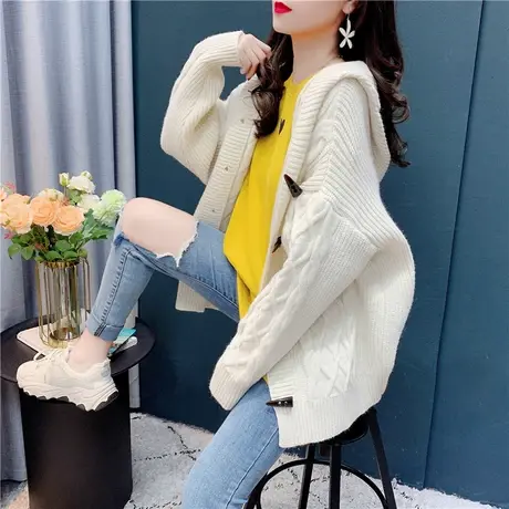 复古港味牛角扣毛衣外套女春秋2021年新款百搭宽松慵懒风针织开衫商品大图