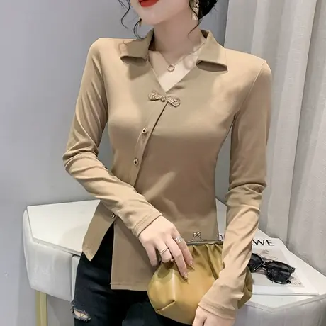 2024春秋新款POLO领长袖T恤女时尚下摆开叉上衣百搭显瘦打底小衫商品大图