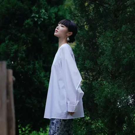 灯笼袖衬衫女2023圆领宽松纯棉显瘦白色上衣高级感复古法式白衬衫商品大图