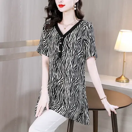 大码中长款短袖雪纺衫女夏季2023新款洋气宽松显瘦胖MM遮肉女上衣商品大图