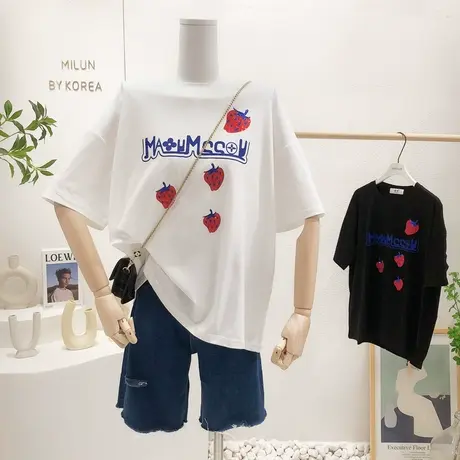 韩国东大门短袖上衣2022夏季新款ins亮片草莓宽松大版T恤打底衫女图片