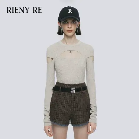 RIENYRE针织衫女2023秋冬新款复古设计感修身镂空长袖打底衫上衣图片