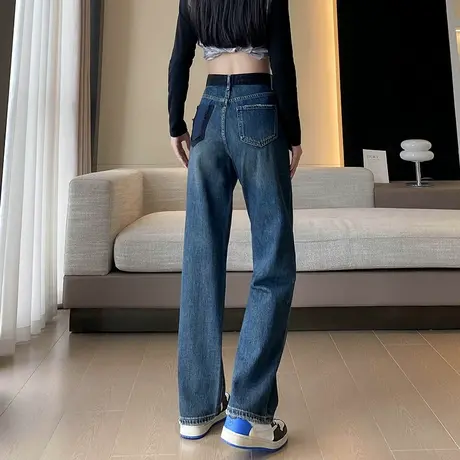 蓝色牛仔阔腿裤女高腰垂感宽松显瘦春秋季2024年新款拖地直筒裤子商品大图
