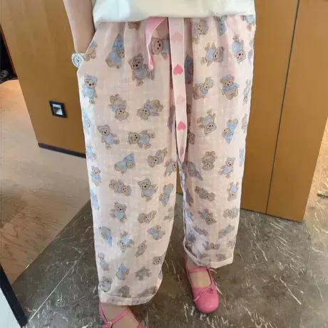韩国东大门2023年新款纯棉格子小熊爱心抽绳宽松阔腿裤长裤商品大图