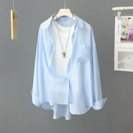 2024夏季新款蓝色衬衫女防晒衣外套宽松上衣外搭薄上衣防晒开衫图片